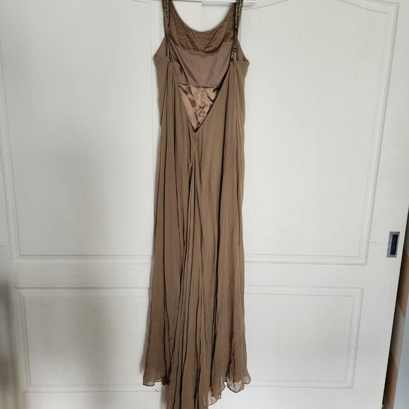 BCBG Max Azria Floor Length Brown Gown with Unique Beaded Neckline, Size 10 - Picture 4 of 7